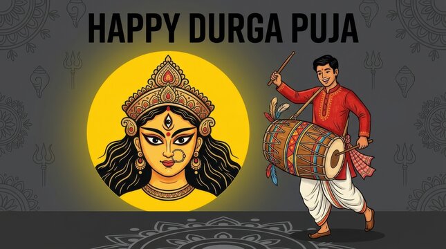 Durga Puja festival greeting card. Goddess Durga illustration with traditional dhak drummer.