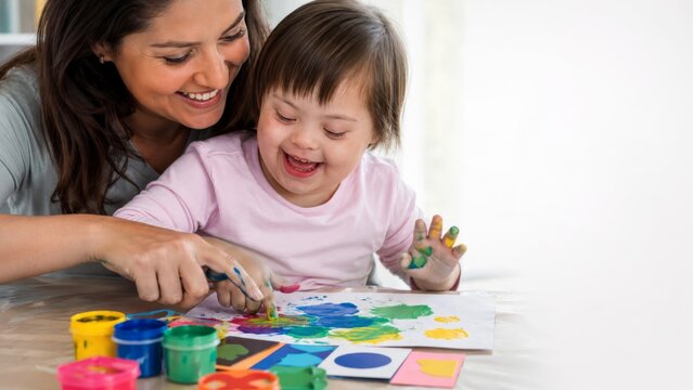 Joyful mother and daughter with down syndrome painting together, creating colorful artwork