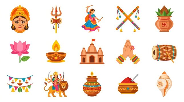 Indian festival icons set. Traditional Hindu religious symbols and cultural celebration elements.