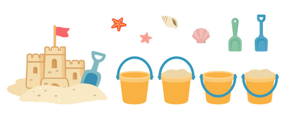 Sandcastle and Beach Sand Toys Vector Set, Plastic Bucket Pail and Shovel Spade Summer Vacation Illustration © enjjin