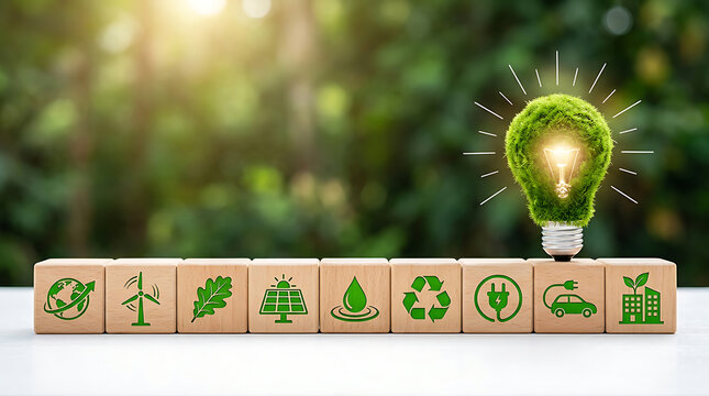 Eco-friendly sustainability concept with light bulb on wooden blocks. Green energy innovation and environmental responsibility symbols on table.