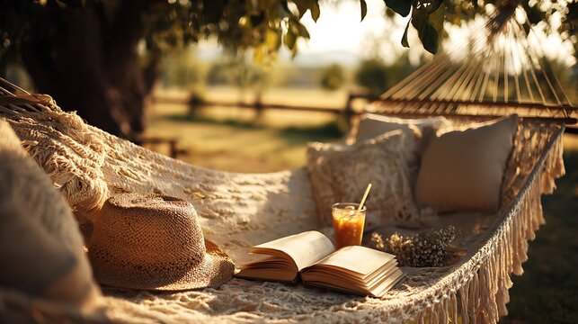 Empty Hammock on a Tropical Beach Under Warm Sunshine with Turquoise Ocean and Relaxing Summer Vacation Atmosphere