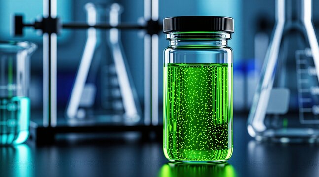Glass vial contains liquid with glowing green quantum dots in science laboratory. Science glassware, lab equipment stand on table. Scientific research on nanotech innovation, molecular engineering.