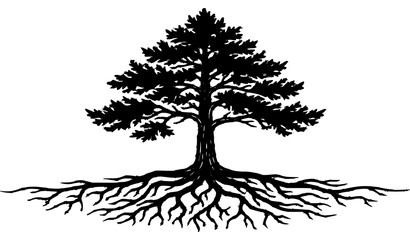 Stylized Coniferous Pine Tree with Exposed Root System Black Vector Silhouette © Khadijatunanha