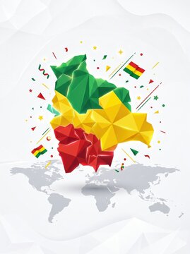 Low Poly Origami Style Bolivia Map Design with Small Waving Flags on Light Background