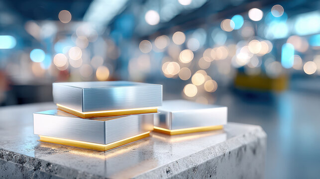 Aluminum blocks stacked on concrete pedestal with glowing edges in a night workshop background for industrial display and banner design