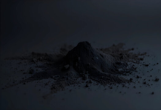 Dark gray powder pile on a black surface, abstract texture and material science concept, industrial and chemical background