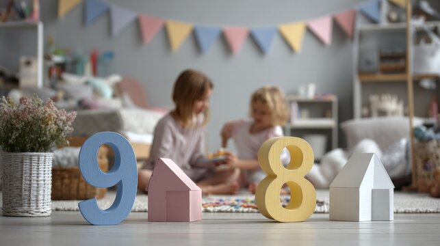 In a warm, inviting room, two young sisters giggle and play among colorful toys and educational tools. Wooden numbers and tiny houses create a charming scene that celebrates childhood, learning, and