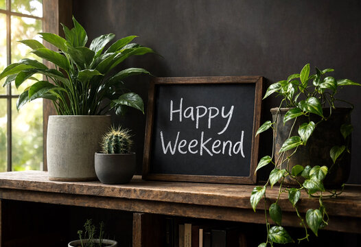 Happy weekend chalkboard sign surrounded by green houseplants on a wooden shelf near a window