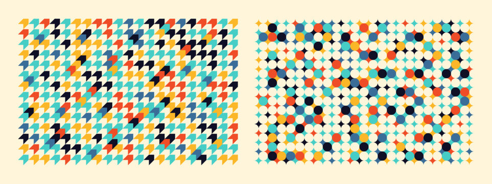 Set of two colorful retro geometric seamless patterns with chevrons and circles on a light background. Vector illustration.