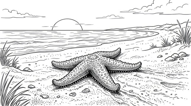 Starfish on sandy beach shoreline at sunrise sketch