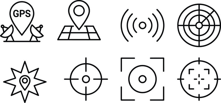 GPS and Target Icon Collection Featuring Location Pins, Radar, Signal, and Focus Interface Designs