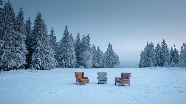 Snow Covered Trees and Park Bench in a Peaceful Winter Forest Landscape with Frost and Fresh Snow