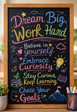Inspirational chalkboard with motivational quotes about hard work and curiosity in colorful chalk design