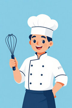 Joyful Chef Wearing a Cozy Apron, Gleefully Holding a Whisk Amidst a Brightly Lit Kitchen Filled with Fresh Ingredients