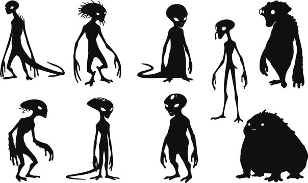 Creepy alien creature silhouettes collection, mysterious monster vector illustration set with fantasy extraterrestrial beings, horror science fiction design for dark concept artwork