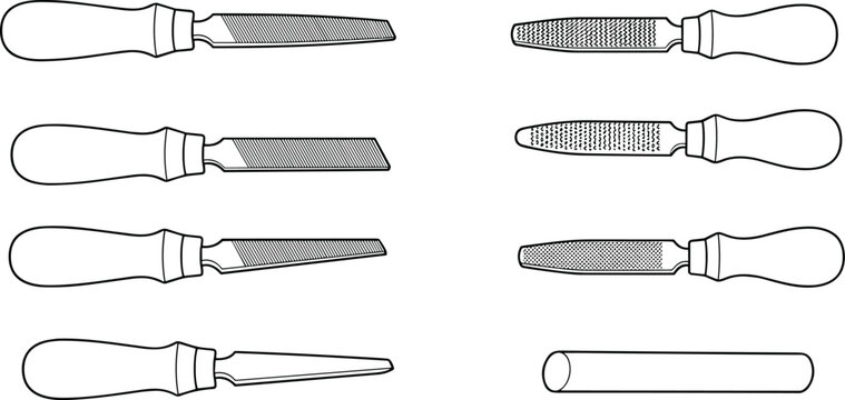 Hand Tool File and Rasp Illustration Set Featuring Various Shapes and Textures for Workshop Design