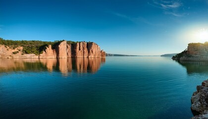 Fototapeta premium Serene Landscape Of Rocky Cliffs And Calm Waters A Tranquil Escape Into Nature S Beauty