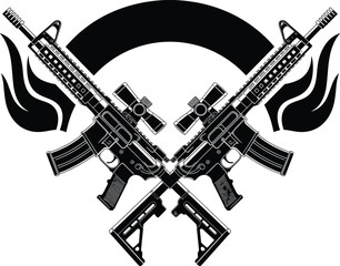 Fototapeta premium Crossed assault rifles emblem with flames and tactical optics, aggressive military weapon symbol illustration, modern combat logo design for security, army and action themes, isolated on white