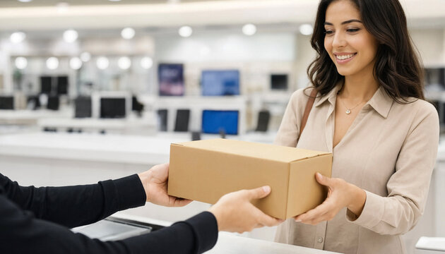 A smiling woman accepts a cardboard package from a clerk at a bright retail counter. The scene conveys customer service, delivery, and retail interaction with space for text.