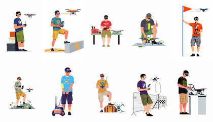 Fototapeta premium Flat vector illustrations of men operating, repairing, and racing drones using FPV goggles and remote controls in various outdoor and indoor settings.