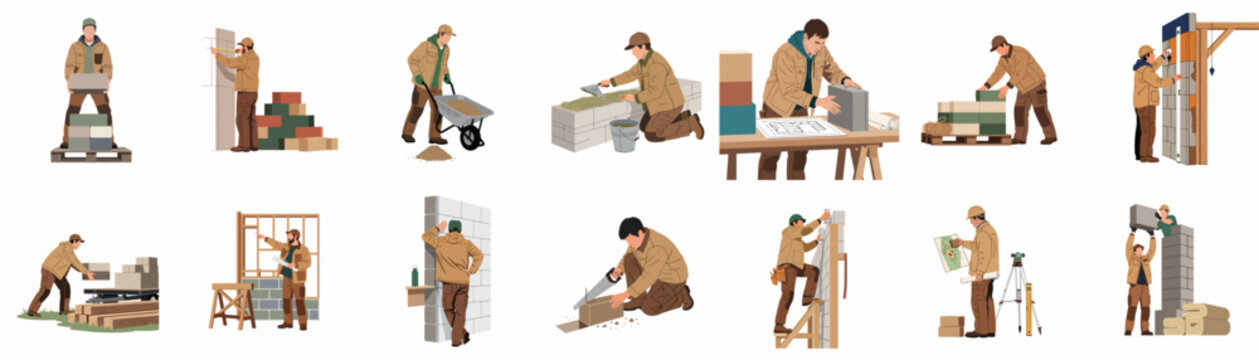 Set of construction worker illustrations depicting various stages of building a wall, including masonry, measuring, planning, and manual labor tasks on white background.
