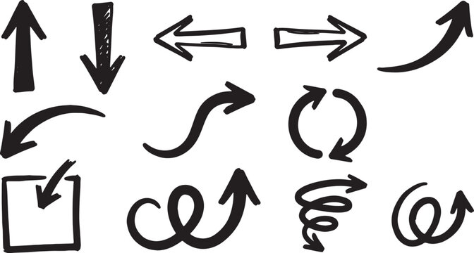 Hand-drawn black arrows, circles, and square with directional symbols