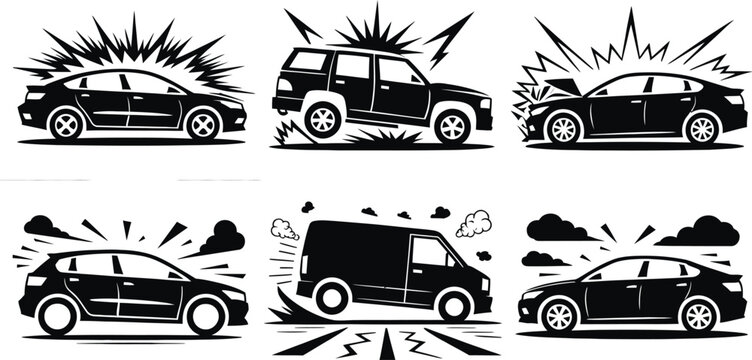 Car Crash and Explosion Silhouette,  Vehicle Accident and Action Blast Icon, Vector illustration