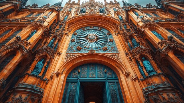 Majestic low-angle view of an ornate Gothic cathedral facade with intricate stone carvings, statues, and a grand rose window above the arched entrance.