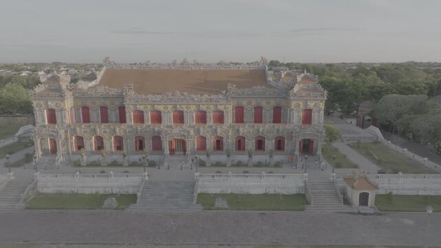 Aerial drone footage of the Imperial City of Hue, Vietnam, featuring Ngo Mon Gate, Thai Hoa Palace, and Kien Trung Palace. A UNESCO World Heritage Site - D log mode