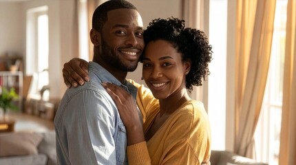 Obraz premium Couple Embracing in Bright Living Room Smiling Together