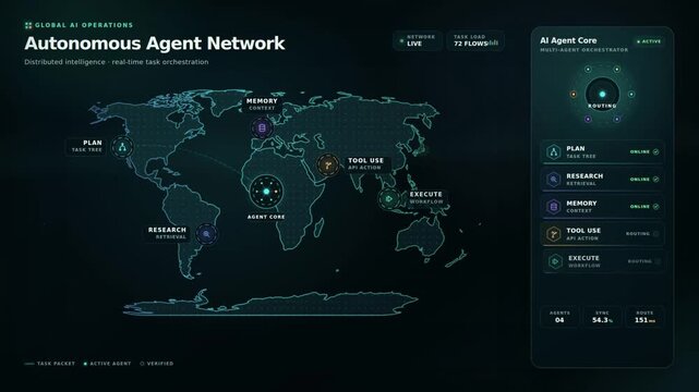 Autonomous AI agent network on world map with global data connections and orchestration