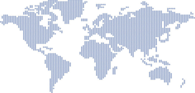 Abstract Dotted World Map Vector with Blue Halftone Dot Pattern on White Background