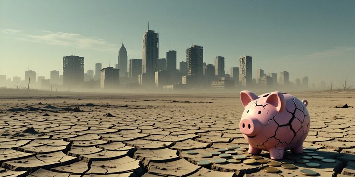 Broken pink piggy bank stands on dry cracked earth ground. Background shows abandoned city skyline in desert landscape. Concept of financial crisis, global economic collapse. Savings lost in post