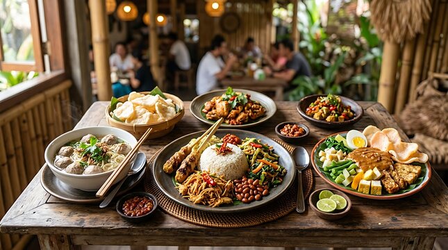 Variety of indonesian dishes including nasi campur and satay on table