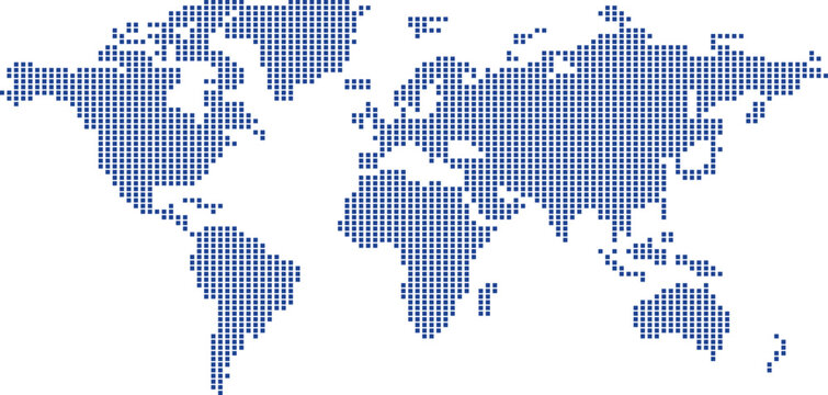 Abstract Rectangle Dot World Map Vector with Blue Geometric Pixel Pattern