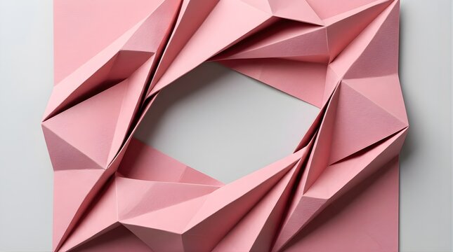 Abstract pink paper origami frame with geometric folded structure