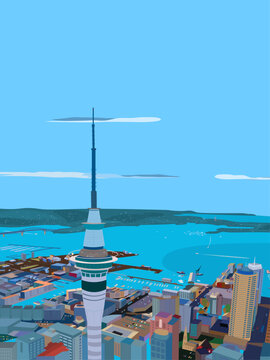 Auckland city skyline vertical vector illustration with Sky Tower and Harbour Bridge, City of Sails New Zealand