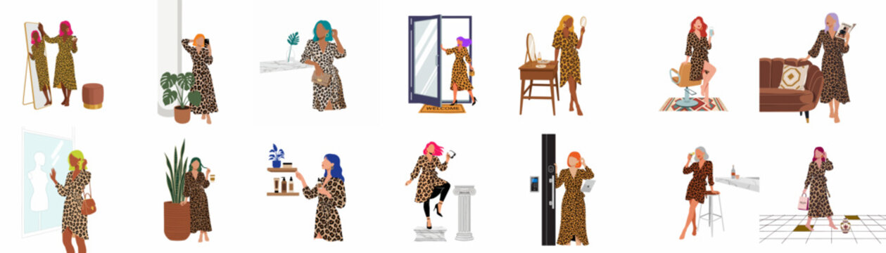 Collection of diverse modern women in stylish leopard print dresses engaged in various lifestyle activities, flat minimalist vector illustration set