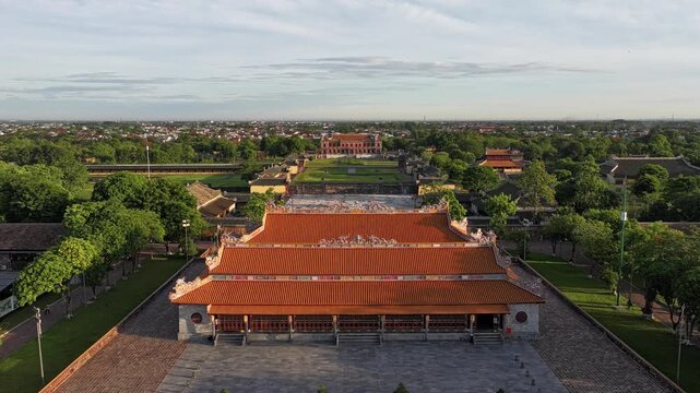 Aerial drone footage of the Imperial City of Hue, Vietnam, featuring Ngo Mon Gate, Thai Hoa Palace, and Kien Trung Palace. A UNESCO World Heritage Site - D log mode