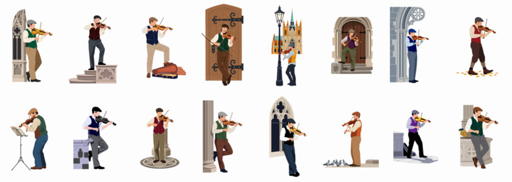 Set of Flat Illustrations Depicting Male Violinists in Various Poses and Classic European Architectural Settings