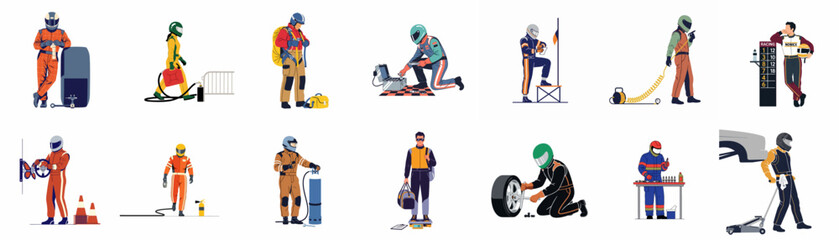 Fototapeta premium Flat Illustration Set of Motorsports Racing Pit Crew and Drivers Performing Various Professional Tasks and Maintenance on a White Background