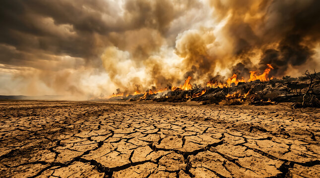 Dry cracked earth during severe drought with lightning storm. Parched land under apocalyptic weather with dramatic sky and extreme climate change e...