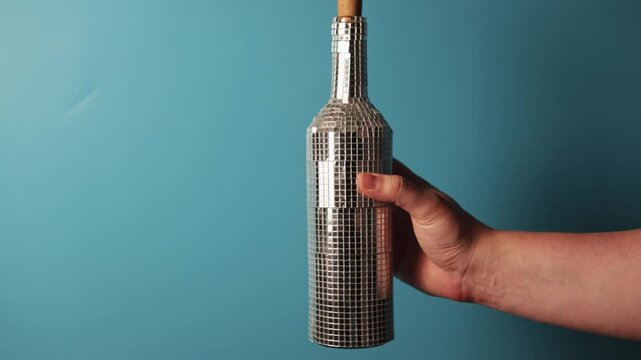 Hand holding a disco ball bottle with cork on blue background