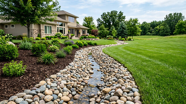 Modern suburban home with decorative garden pathway. Residential curb appeal featuring hexagonal stone walkway and lush landscaping.