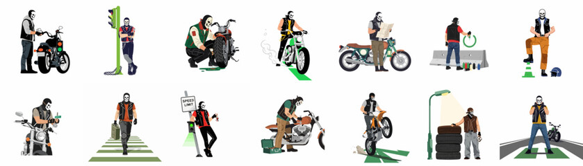 Obraz premium Collection of diverse motorcycle rider illustrations wearing skull masks, featuring scenes of riding, bike maintenance, street art, and biker subculture in flat style.