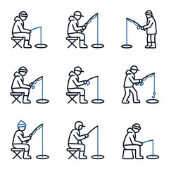 Fototapeta premium Ice Fishing Icons Set Winter Activity Line Art.