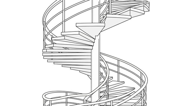 Technical drawing of a spiral staircase architectural design.
