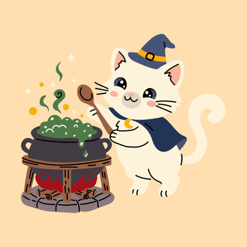 Adorable Witch Cat Cooking Spell in Bubbling Cauldron