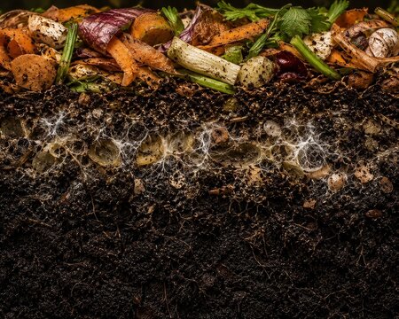 Cross section of compost showing organic decomposition fungal mycelium and rich humus